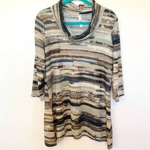 Long tunic top LG Cowl neck ¾ sleeve Per Seption Concept blouse Metallic threads